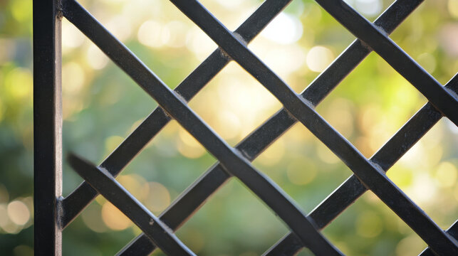 A close-up view of a window security grille with a crisscross pattern, allowing natural light to filter through, ideal for security and minimalist design themes