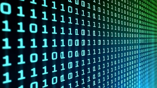 Digital binary code background with vibrant blue and green colors, ideal for technology and data-related themes