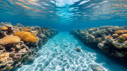 Fototapeta premium Underwater view shows vibrant coral reefs lining a sandy channel with shimmering water and sunlight filtering through th