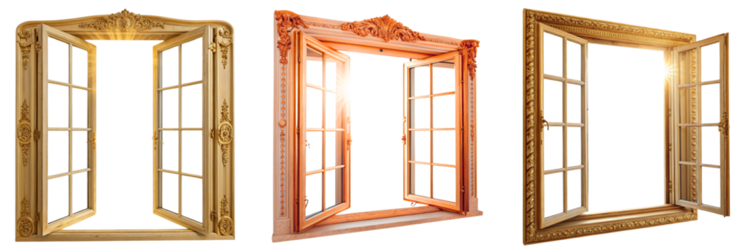  Set of A Open golden color window isolated on a transparent background
