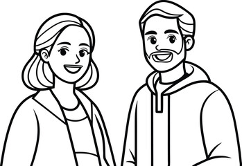 Cartoon Couple Outlines Smiling with transparent background; Man in Hoodie, Woman in Top