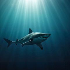 Fototapeta premium Great White Shark in the ocean, showcasing power and elegance, gliding through the clear blue waters
