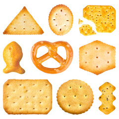 Set of various cracker biscuits isolated, cookie collection