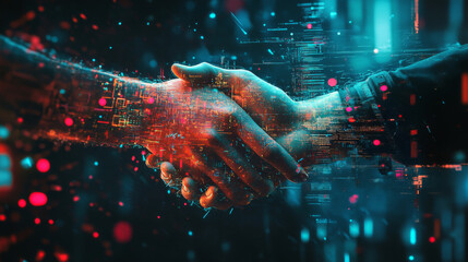 A dynamic vertical collage blending art, technology, and gesture symbolism, featuring a futuristic handshake and cyberspace-inspired imagery