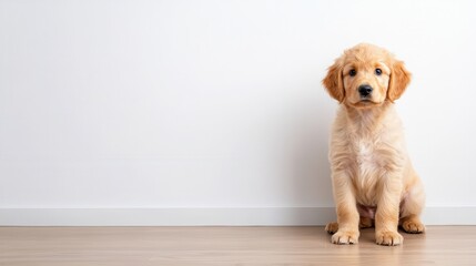 A charming golden puppy sits attentively on a wooden floor in a modern setting, exuding innocence and curiosity, embodying the essence of playful youthfulness in pets.