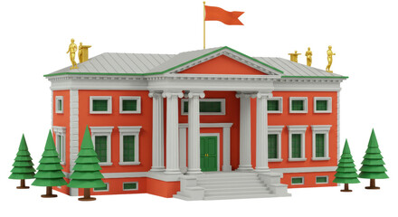 Isolated Red Mansion with Flag