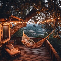 Rustic treehouse hammock, evening view