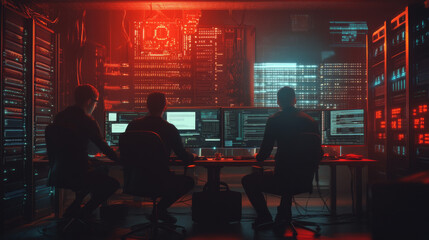 A group of young IT engineers collaborate in a network server room, solving technical issues and providing support