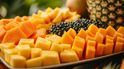 A tropical fruit tray with ripe mangoes, papayas, and pineapples, perfect for a nutritious dessert.