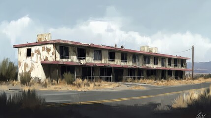 Obraz premium Abandoned Hotel Structure in Desert Landscape with Peeling Paint, Overgrown Vegetation, and a Cloudy Sky, Evoking a Sense of Desolation and Forgotten History