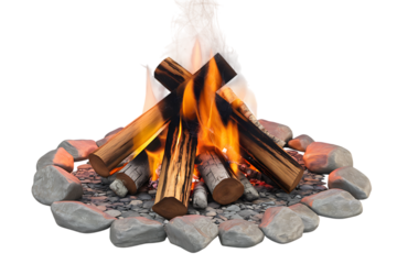 A captivating image of a vibrant campfire, encircled by stones.  isolated on transparent background , cutout