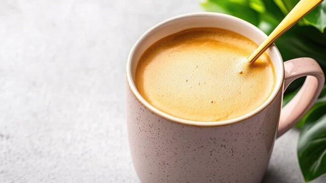 A golden spoon stirring a creamy latte in a pastel ceramic mug