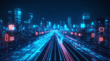 Fototapeta premium A neon-lit cyber highway background in ultraviolet and blue hues, representing digital speed, futuristic technology, and high-speed networks