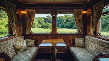 Interior of a vintage train cabin with large windows showcasing views of lush green countryside. Wooden seats with elegant upholstery evoke classic travel charm and timeless elegance