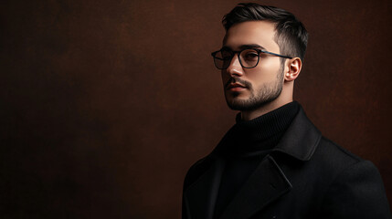 Fototapeta premium A portrait of a stylish man in a black coat and glasses, posing in a dark brown studio setting with a techno-inspired aesthetic