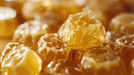 Honeycomb candy texture with golden honey dripping, detailed and vibrant	