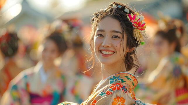 Dynamic Festival Dance: Dancers in Japanese, Korean, and Filipino Attire with Text Space