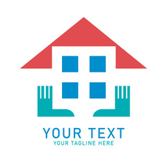 Abstract Home Care Logo, Geometric House and Hand Design, Isolated on White