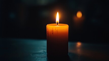 Lit candle glows in the dark casting light and reflection