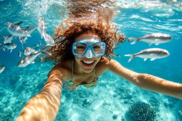 Fototapeta premium A attractive and sexy happy middle eastern young woman with curly hair in a swimming mask and fins snorkeling among the corals. A dense school of silver fish swims next to her.