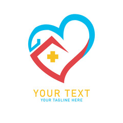 Medical Home Care Heart Logo, House and Cross Symbol in Heart Design, Isolated on White