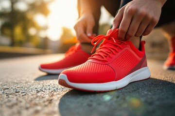 Athlete tying red running shoes on asphalt road with blurred background in warm sunlight. Concept of fitness, training, and outdoor sports. Ai generative