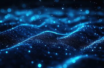 Blue glowing particle waves, representing digital energy and technological fluidity.