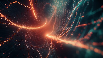 A swirling vortex of orange and teal particles creates a dynamic tunnel effect.