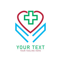 Obraz premium Medical Heart Hand Logo, Colorful Heart and Cross Symbol in Hand Design, Isolated on White