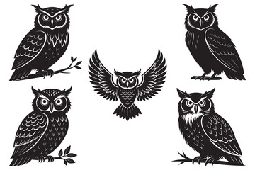 Collection of Black and White Owl Silhouettes