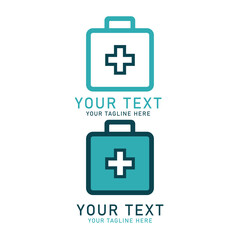 Obraz premium First Aid Kit Logo Set, Blue and White Medical Box Symbol Design, Isolated on White