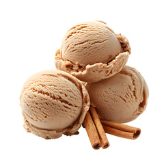 Three Scoops of Vanilla Ice Cream with Cinnamon Sticks Isolated on Transparent Background
