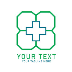 Fototapeta premium Geometric Medical Cross Logo, Blue Plus Symbol with Green Connected Octagons Design, Isolated on White