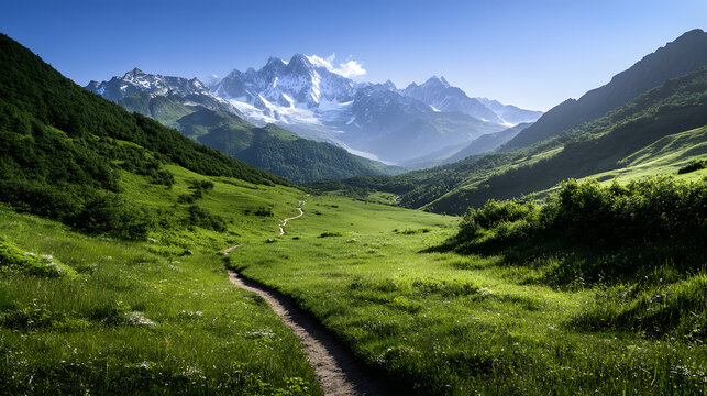 A path leading to a snow-covered mountain range with a lush green meadow in the foreground - Powered by Adobe