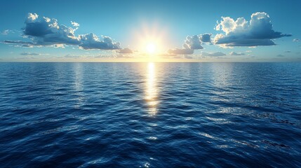 Fototapeta premium Serene Horizon with Subtle Sun Flare and Bokeh over Tranquil Ocean Surface at Dawn