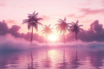 Serene Sunset Over Water with Silhouetted Palms and Dreamy Pink Clouds in the Background