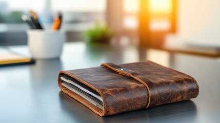 A leather portfolio case sitting on a brushed metal desk in a corporate setting