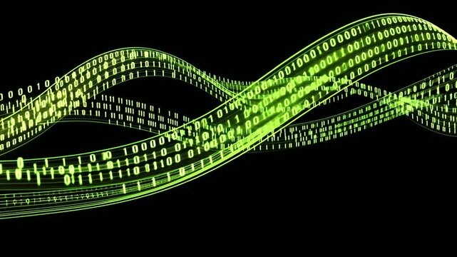Abstract digital wave pattern featuring green binary code on a black background, symbolizing data flow and technology