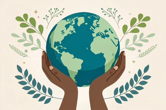 Earth day illustration hands holding globe save planet environment care