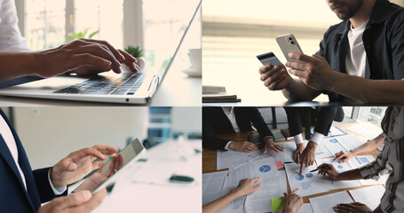 Digital workflow and financial management integrating teamwork, online payments, data analysis, and modern technology. Close up collage view diverse people using tech, engaged in teamwork at