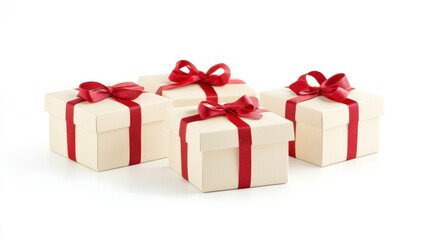 Obraz premium Several small beige gift boxes with red ribbon bows