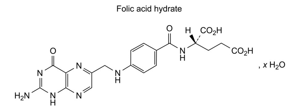 Chemical structure of folic acid hydrate, drug substance