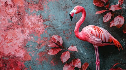 Vibrant Flamingo Against Colorful Background with Bright Leaves and Textured Surface