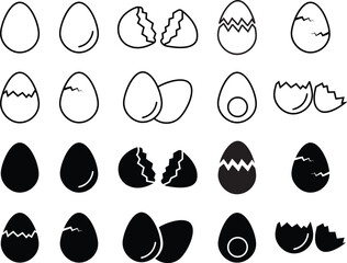 Easter egg icon set. Black solid outline eggs vector isolated on transparent background. Broken eggs icon set. Cracked eggs symbols. Vector illustration.