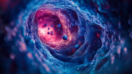 Microscopic view of a vibrant glowing cells
