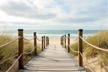 Wooden boardwalk with rope railings leading to a sandy beach with ocean waves in the background, surrounded by dune grass under a partly cloudy sky. Ai generative