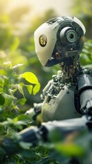 Fototapeta premium A detailed futuristic robot stands among lush green foliage outdoors