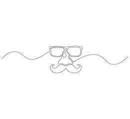 Obraz premium Nose mustache glasses outline drawing illustration. Continuous line draw of nose mustache glasses for april fools day vector.