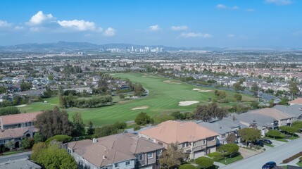 Fototapeta premium Aerial View of a Beautiful Golf Course Surrounded by Luxurious Homes and Scenic Landscapes in a Vibrant Urban Area with Clear Blue Skies