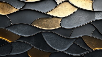Obraz premium Abstract 3D rendering of wavy black and gold shapes.